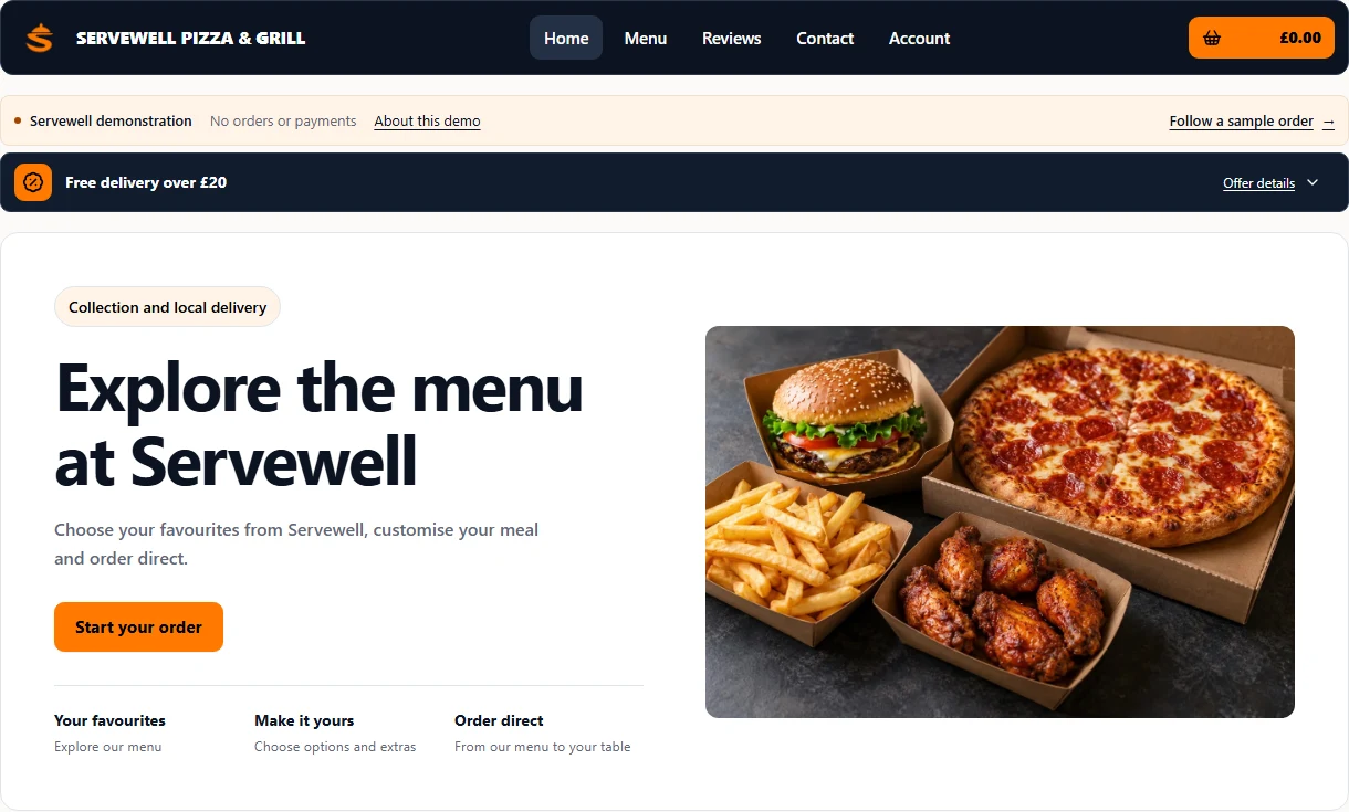 Customer demo: current navy and orange storefront and menu