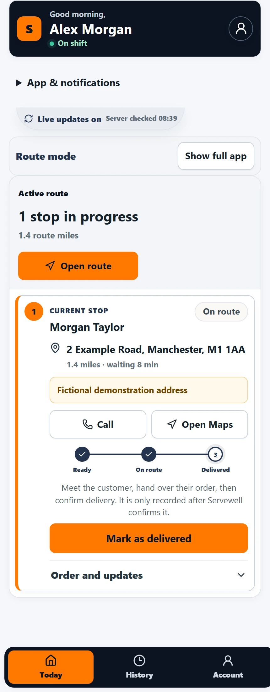 Driver demo: assigned delivery and route controls with fictional details
