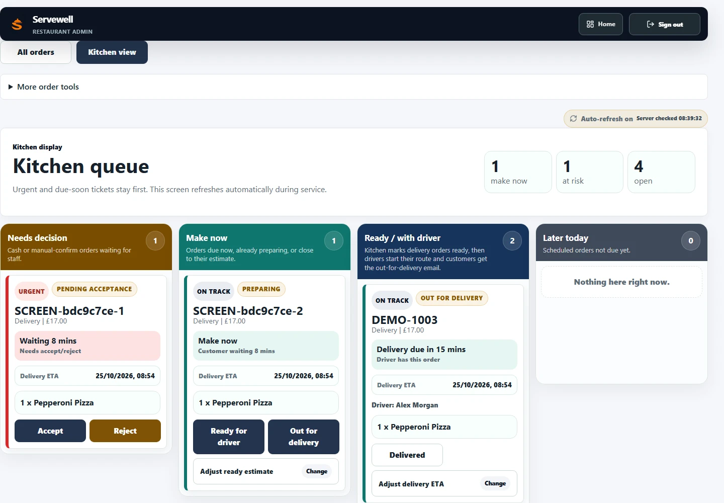 Admin demo: kitchen board showing fictional orders by preparation stage